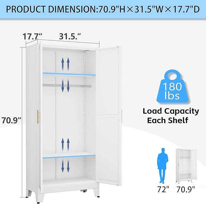 71 "Metal Armoire Wardrobe Closet, Steel Clothing Storage Cabinet with Adjustable Shelves and Hanging Rod, Household Steel Wardrobe Storage Cabinet with Adjustable Standing feet (White)
