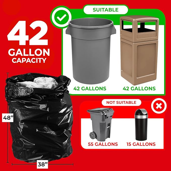 ToughBag 42 Gallon Trash Bags, 2.5 Mil Contractor Garbage Bags (50 COUNT) Heavy Duty Black Garbage Can Liners, 38 x 48" - Construction, Lawn, Industrial, Leaf - Made in USA