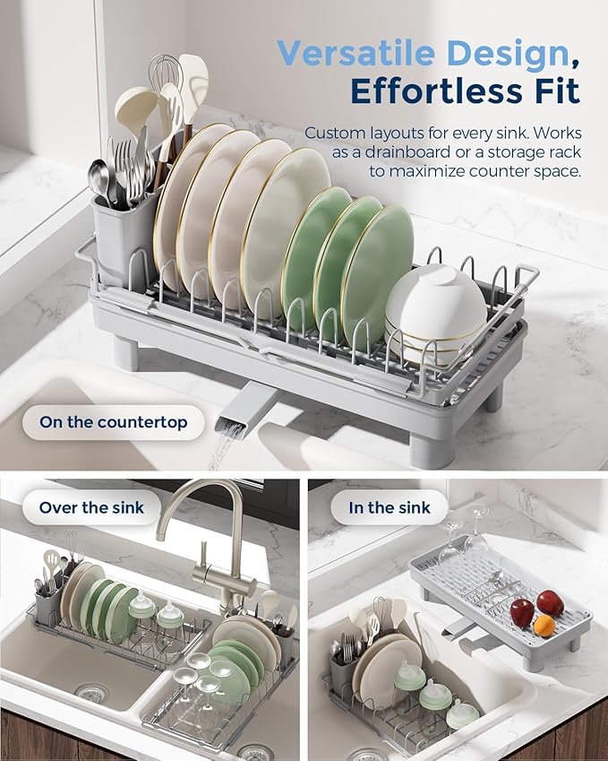 Nacial 2-in-1 Small Dish Drying Rack Fits 14''–21.8'' Sink, Dish Drainers for Kitchen Counter Extend Kitchen Sink Drain Basket with Utensil Holder & Auto-Drain Tray, Stainless Steel Plate Rack, Gris