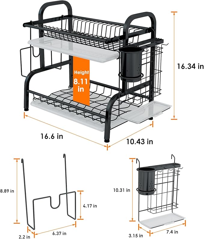 LEGUANG 2-Tier Stainless Steel Dish Drying Rack, Space-Saving Kitchen Organizer for in/Over Sink/Counter, with Removable Drain Tray & Cutlery Holder & Utensil Holder, Black