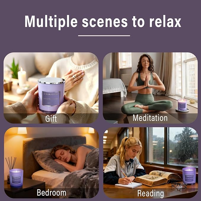 MAKALONE Lavender Lemon Scented Candles for Home - 9oz Soy Wax Candle in Purple Glass Jar, 60H Long Lasting Burn, Aromatherapy Candle for Stress Relief, Relaxation, Sleep, Bath & Yoga, Gifts for Women