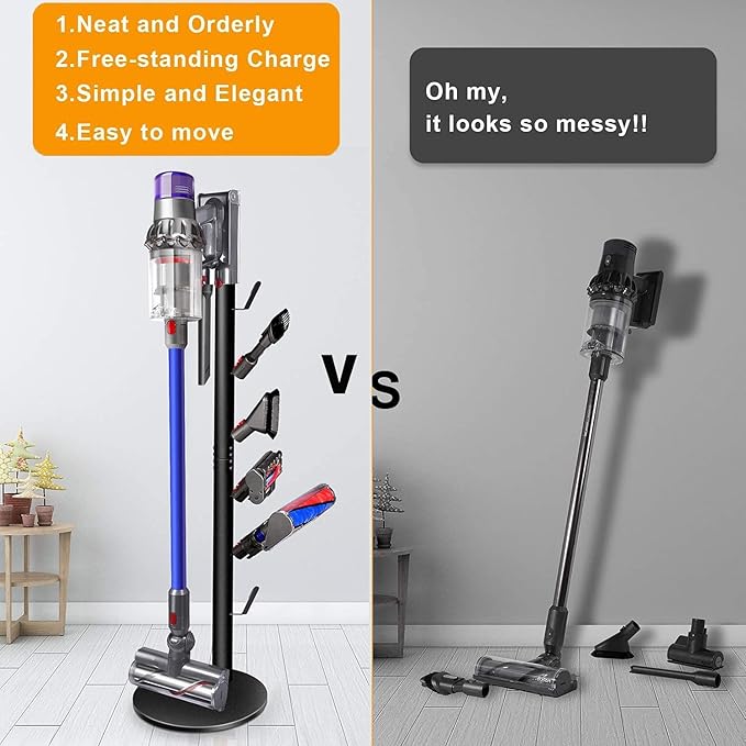 Storage Stand Holder Compatible with V15 Detect V11 V10 V8 V7 V6 Cordless Vacuum Cleaners and Accessary, Floor Docking Station Metal Organizer Bracket with 6 Hooks,Black