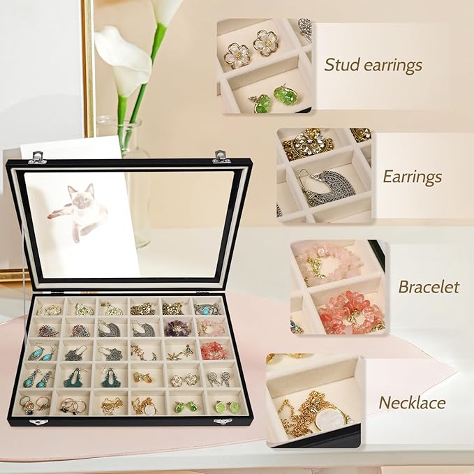 Stratalife Earring Organizer Jewelry Holder Organizer Drawer Earring Storage Jewelry Tray with Clear Lid Ring Box for Women Girls Anti Tarnish 30 Grid (Beige Black)