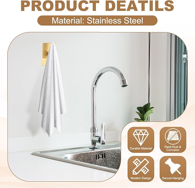 2 Pack Towel Hooks for Bathroom, Wall Hooks Self-Adhesive No-Drill Door Hanger Apply to Shower/Kitchen/Bedroom/Hanging Coat/Towel/Robe (Gold)