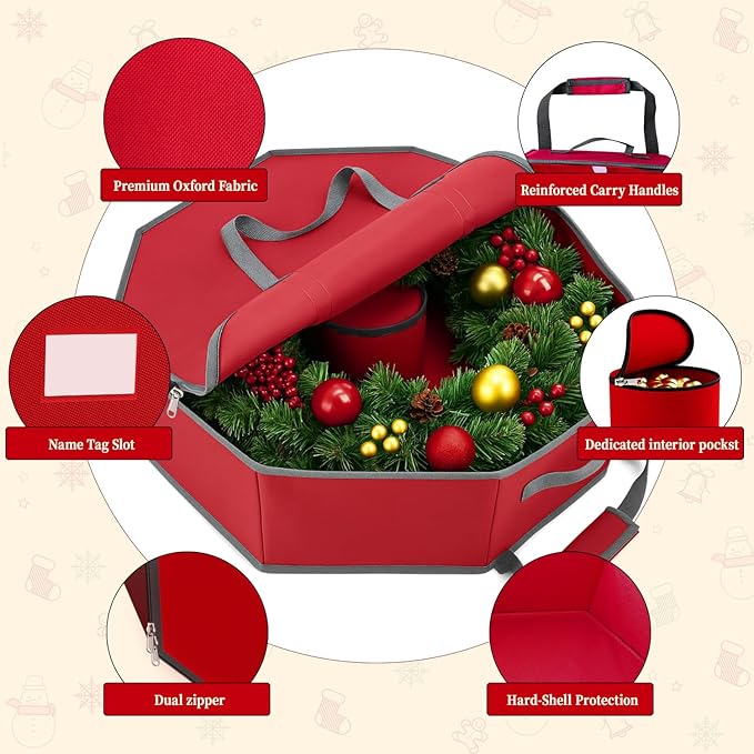 Christmas Wreath Storage Container, 24 Inch Tear-Resistant Dustproof Wreath Bag with Interior Pockets & Dual Handles and Zipper for Garland Ornament Holiday Decor Organizer