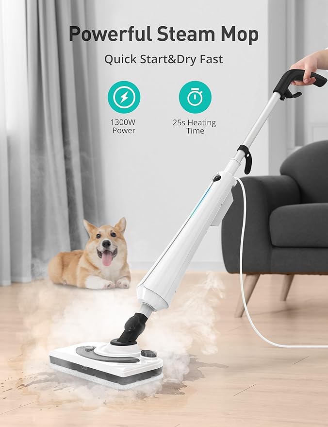 Black Steam Mop for Hardwood Floors, 1300W 25S Heat Up Floor Steamer with Detergent Chamber, Lightweight Cleaner for Tiles/Carpets, 2 Washable Pads