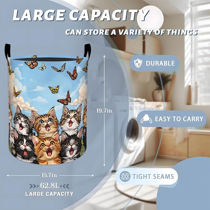 Playful Cat Watching Butterflies in Sky Laundry Basket with Handles, 19.7"x15.7" Clothes Foldable Kittens Laundry Hamper Organizer for Dorm Nursery Bedroom Bathroom Decor, Toy Storage Bin for Kids