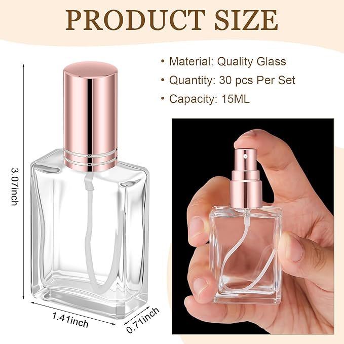 Domensi 30 Pcs 15 ml Glass Perfume Bottles Mini Glass Empty Spray Atomizer Bottles Bulk Refillable Small Perfume Dispenser Container with Pump Tool for Travel Plants Hair Cleaning Skin Care(Rose Gold)