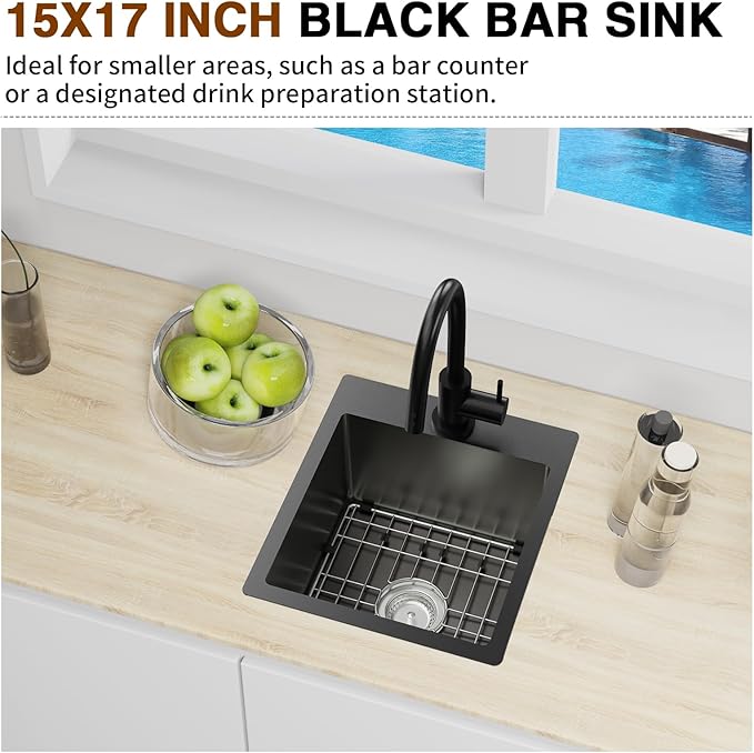 Black Kitchen Sink,15x17 Inch Bar Sink Stainless Steel Drop In Small Kitchen Sink Ideal Choice For Small Spaces Topmount Sink With Bottom Grid,Soap Mat And Drain Assembly Serve Both Kitchen And Bar