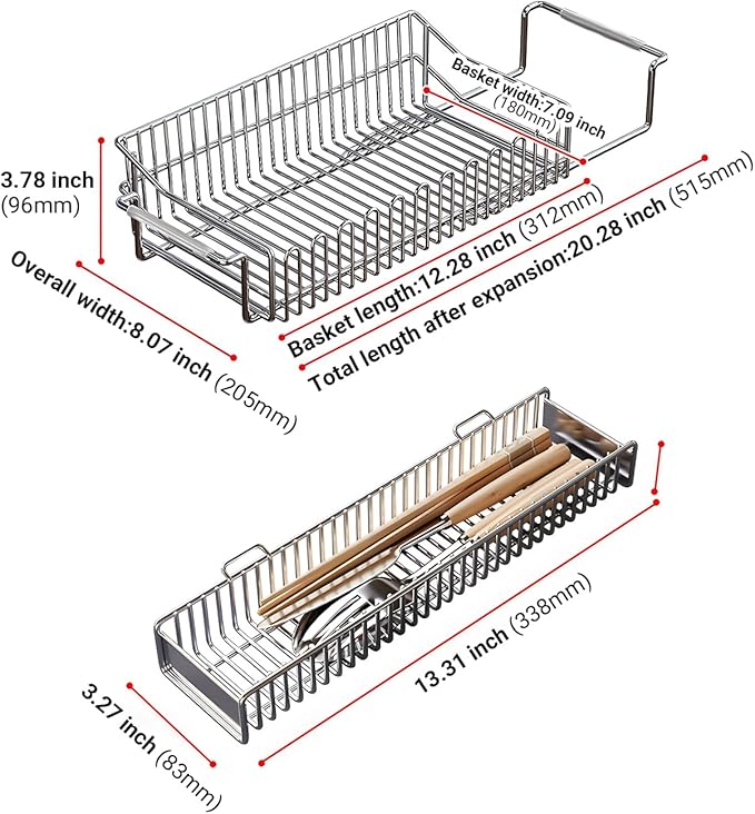 TABABAO 304 Stainless Steel Over Sink Counter Top Perfect Dish Drainer, Extendable Drainage Basket Drying Rack for Fruit, Vegetables, and Dishes - Corrosion-Resistant, Space-Saving