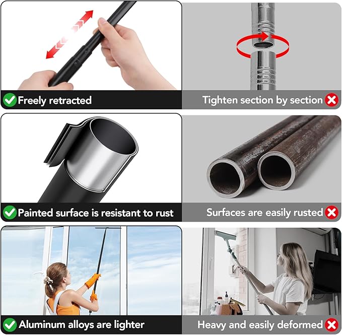 Shower Squeegee with Long Handle, 15-51" Telescopic Squeegee for Window Cleaning, Window Squeegee for Glass Doors, Extendable Window Cleaner Tool for Tile Walls, Sliding Door, Floor, Car Windshield-BK