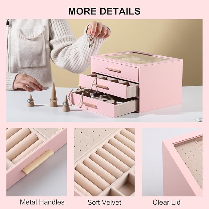 Frebeauty Clear Lid Jewelry Box,3-Layer Jewelry Organizer with Drawer,PU Leather Jewelry Organizers and Storage,Jewelry Boxes for Women,Jewelry Storage for Rings Earring Stud,Gift for Women(Pink)