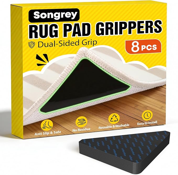 Songrey Rug Tape Rug Corner Grippers 8PCS, Reusable Double-Sided Carpet Tape to Hold Area Rugs Down, Non Slip Rug Pads Gripper for Hardwood Floors No Damage
