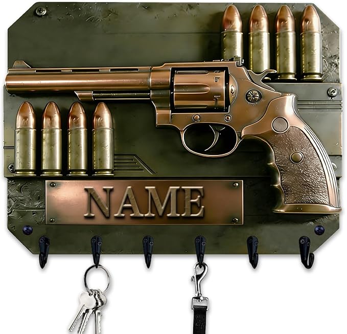 Custom Gun Bullet Themed Wall Hooks for Men Husband Grandpa Dad Personalized Name Pistol Bullet 2D Flat Print Gun Equipment Wall Mounted Key Rack Firearm-Themed Coat Holder for Bedroom Man Cave Carage