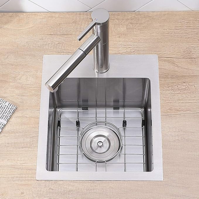 VCCUCINE Drop in Bar Sink, 15x15 Inch Topmount RV Small Kitchen Sink, Handmade Stainless Steel Wet Bar Sink, Outdoor Single Bowl, Brushed Nickel Prep Sink with Accessories