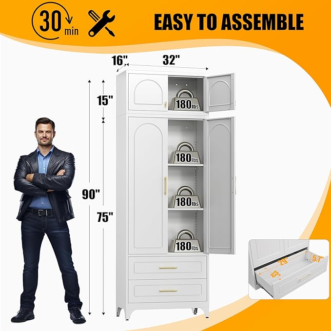 Metal Storage Cabinet with Doors and Shelves, 90" Tall Kitchen Pantry Storage Cabinets with 2 Drawer, White Pantry Closet, Steel Large Cupboard, High Leveling Feet- Assembly Required