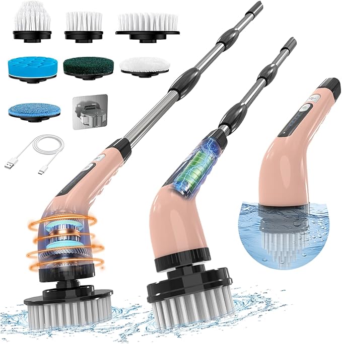 Electric Spin Scrubber, Cordless Cleaning Brush, Shower Scrubber with 7 Replaceable Brush, 2 Speeds and Adjustable Extension Handle for Bathroom Shower Bathtub Glass Car(Pink)