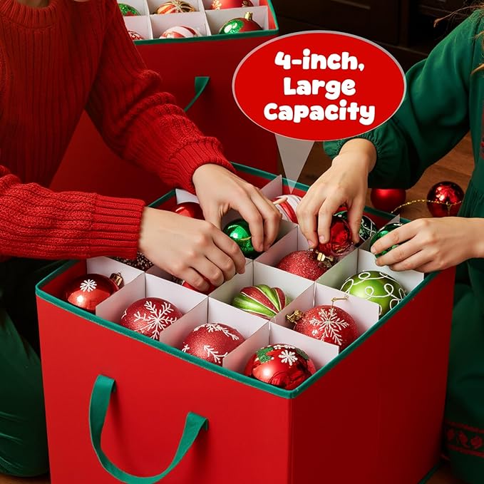 Pinkunn 64pcs 4in Christmas Ornament Storage Box with Dividers Tray Stores Holiday Ornament Adjustable Dividers Double Zipper Label Slot Two Handles Storage Container Box Keeps Xmas Decor(red)