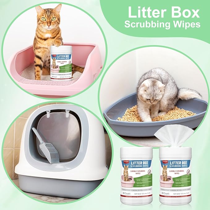Breling 2 Pack Litter Box Scrubbing Wipes 120 Count Pets Cat Litter Box Cleaning Wipes Unscented Removes Stains Easily for Pet Cleaning Supplies