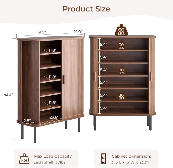 Shoe Storage Cabinet with Adjustable Shelves, 6-Tier Mid-Century Modern Shoe Organizer with Sliding Door, Shoe Storage Organizer for Entryway Hallway Living Room, Walnut