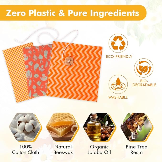 Beeswax Wraps for Food, 3 Pack (S, M, L) Reusable Food Wraps, Bread Sandwich Wrap, Beeswax Paper with Bukcle, Zero Waste, Plastic-Free Food Storage Wrap