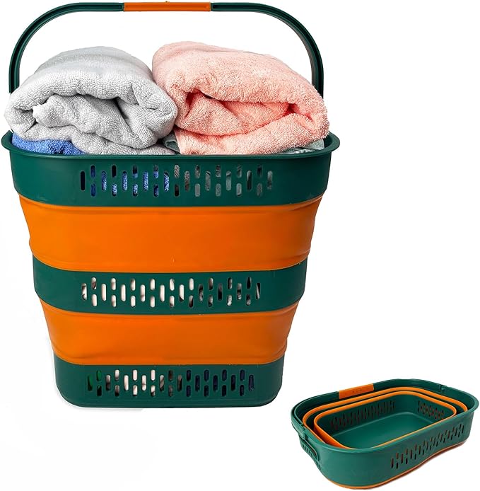 SAMMART 38L(10 Gal) Collapsible Laundry Basket - Foldable Pop-Up Storage Container/Organizer-Portable Space Saving Hamper, Measure 17.5x13.3x15.7"/3.8" Expanded/Collapsed (1, Teal Green/Autumn leaf)