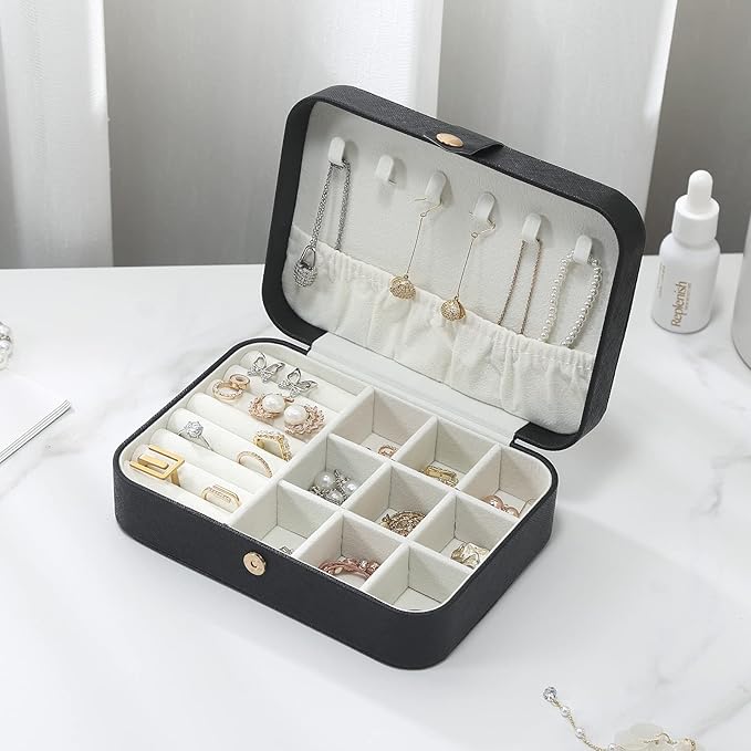 CASEGRACE Travel Jewelry Box Small Jewelry Organizer Case Display Storage for Earrings Necklace Rings Bracelets Portable Jewelry Organizer for Women Girls, Black