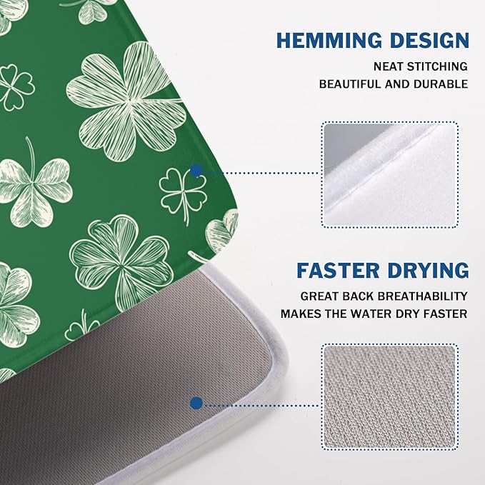 ABSOP St Patrick's Day Dish Drying Mat 18 x 24 Inch Green Shamrock Dish Drainer Rack Mat Absorbent Microfiber Mats for Spring Lucky Clovers Dish Pad for Kitchen Coffee Bar Decor