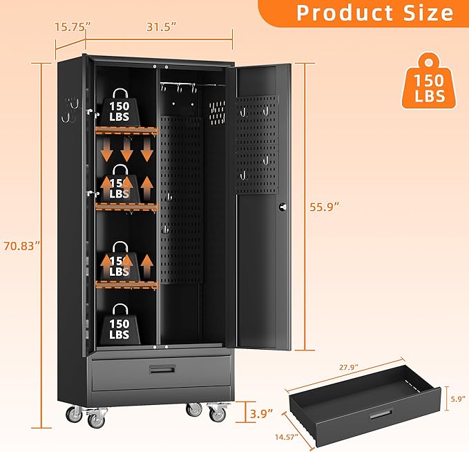 Broom Closet Storage Cabinet with Wheels and Drawer,Garage Storage Cabinet with Doors,Pegboard and Adjustable Shelves for Garage Home,Required Assembly,Black,15.75" D x 31.5" W x 70.83" H