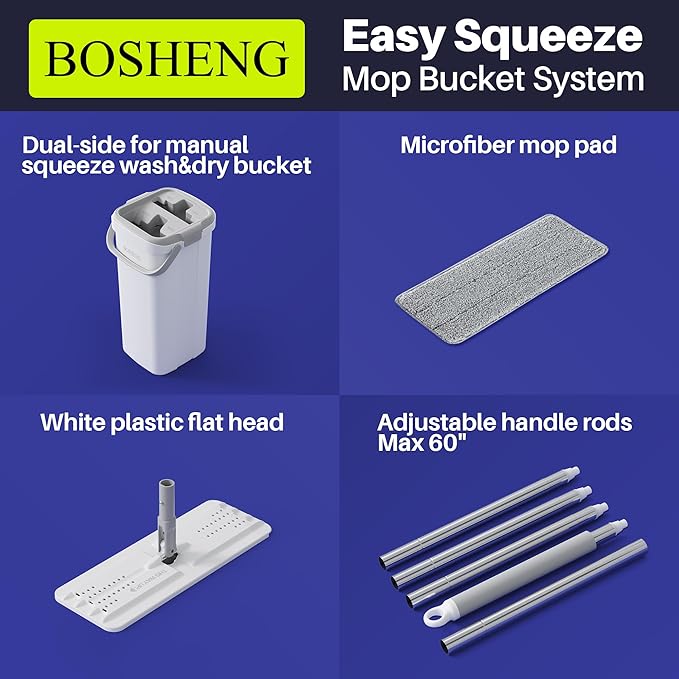 BOSHENG Mop and Bucket Set, Flat Mops for Floor Cleaning, Wall Mop with 60" Extensible Handle, Hardwood Floor Mop with 4 Microfiber Pads