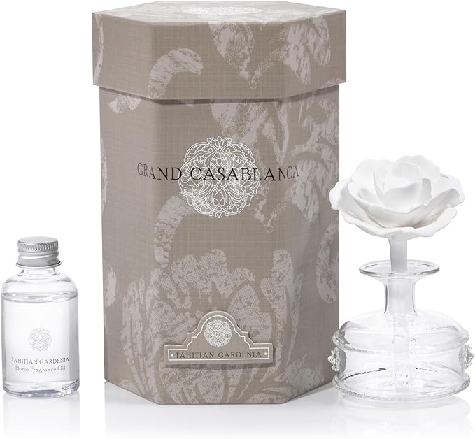 Zodax Grand Casablanca Porcelain Oil Diffuser - Home Fragrance Oil Diffuser Ideal for Living Room, Bathroom, Office - Flower Design - Gift Box Packaging Included - Tahitian Gardenia - 1.69 Oz.