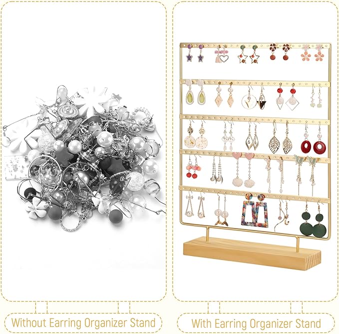 5 Tier 120 Hole Earring Holder Organizer, Rust Proof Metal and Wooden Base Jewelry Organizers and Storage for 60 Pairs of Earrings, Suitable for Home Storage and Sales Display