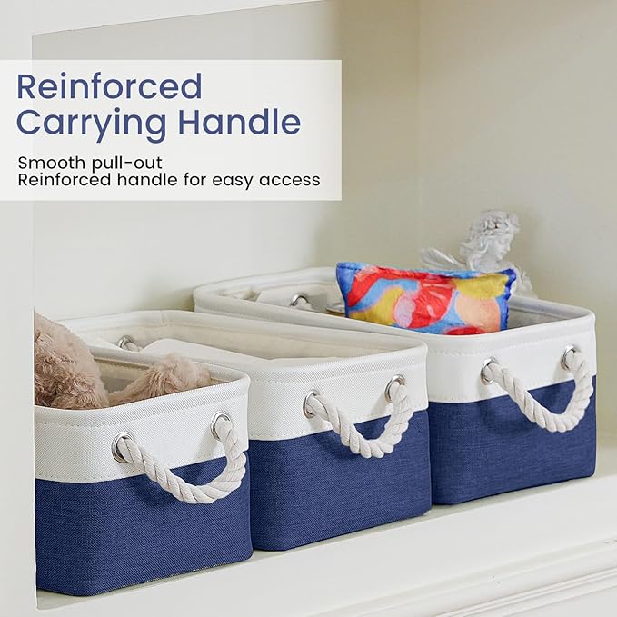 Storage Baskets for Shelves 11.8x7.9x5.2 Inch, Foldable Fabric Storage Bins with Handles, Small Storage Baskets for Organizing Closet, Office, Home Organization (1-Pack, White&Blue)