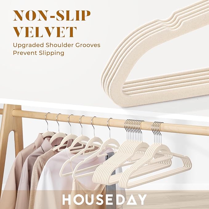 HOUSE DAY Velvet Hangers with Tie Bar 20 Pack Ivory, Clothes Hanger Non-Slip, Space Saving Felt Hangers for Pants, Coat, Suits, Shirt, Scarf, No Hanger Marks