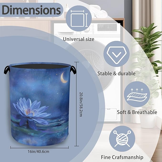 Water Lily Laundry Basket,Moon Oxford Cloth Laundry Hamper with Handle Foldable Portable Clothes Storage Basket for Bathroom Bedroom Dorm Room 16" x 20.8"