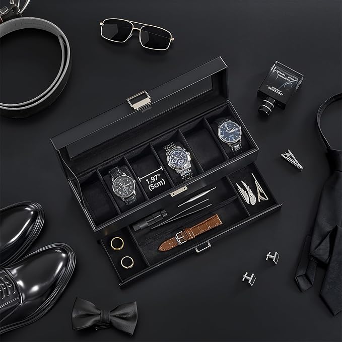 ProCase Watch Case, 6 Slot Mens Watch Box Holder Organizer with Glass Lid, 2-Layer Watches Display Case, Mens Jewelry Box with Drawer, Birthday Valentine Gifts for Men Women -6 Slot, Black