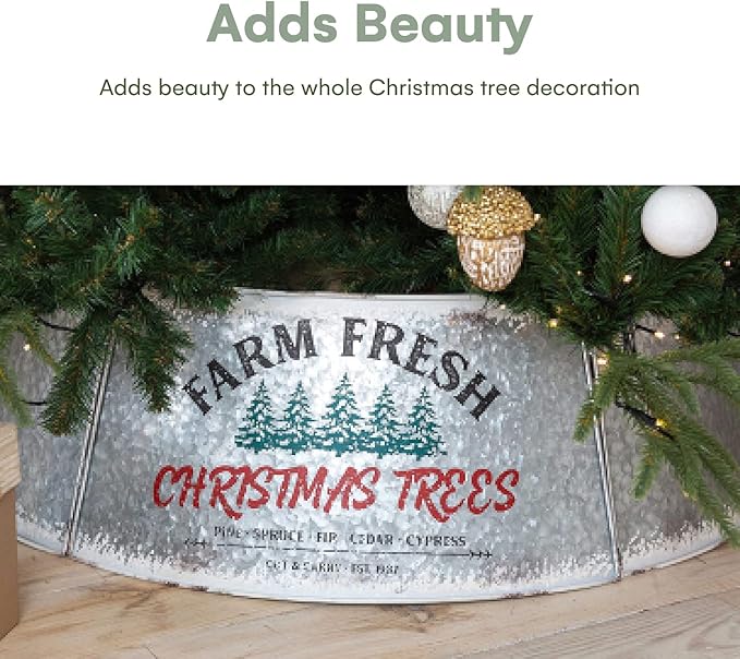 Hallops Galvanized Christmas Tree Collar - Oversized, Adjustable Metal Collar Ring for Large to XL Christmas Trees - Rustic Stand Up Tree Skirt with Distressed White Finish for Indoor Holiday Decor