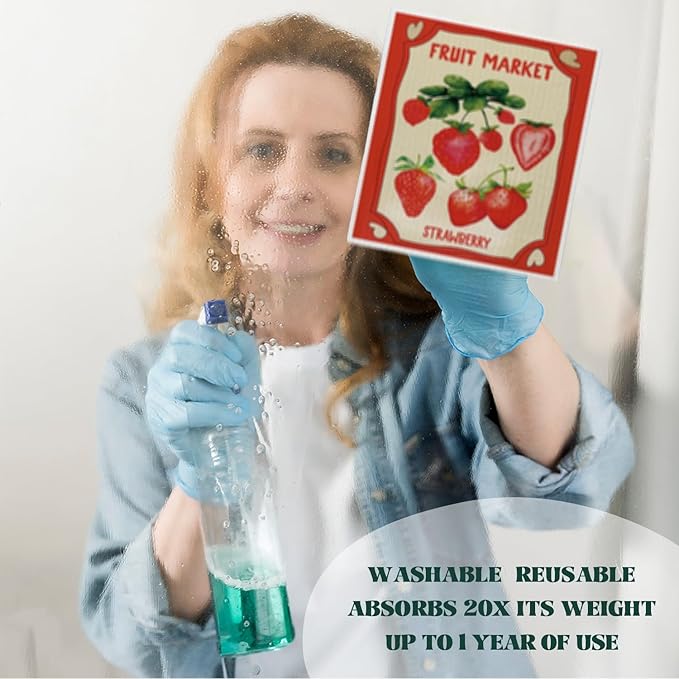 LARTSFRO Swedish Dishcloths for Kitchen, Pink Strawberries Peach Orange Lemon Swedish DishCloths for Summer Friut Market, 4 Pack Dish Towels for Kitchen, Papaya Reusable Paper Towels Washable