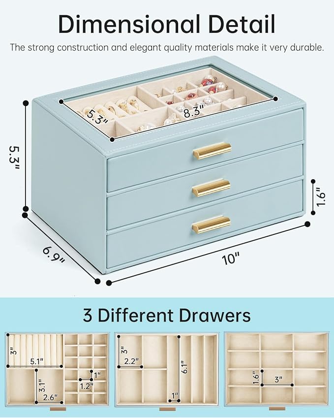 AKOZLIN Jewelry Box with Clear Lid Functional Leather Jewelry Storage Organizer Case 3 Drawers for Women Girls Necklace Ring Bracelet Earring