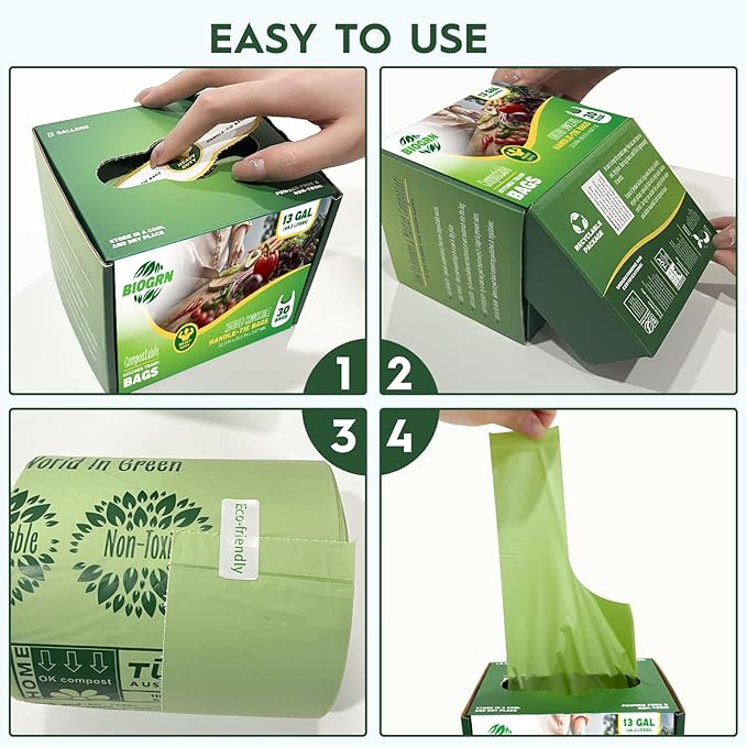 10-13 Gallon Compostable Trash Bags with Handles Tie 30 Bags Biodegradable Garbage Bags Food Scrap Green Waste Bags Thick 0.87 Mil 49.21 Liter ASTM D6400, US BPI and OK Compost Home Certified