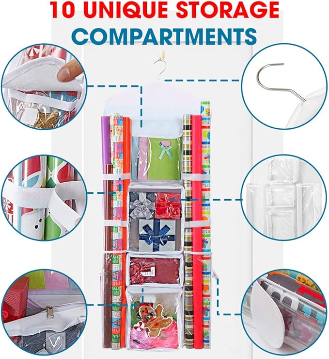 ProPik Hanging Double Sided Wrapping Paper Storage Organizer With Multiple Front And Back Pockets Organize Your Gift Wrap & Gift Bags Bows Ribbons 40”X17" Fits 40 Inch Rolls (White)