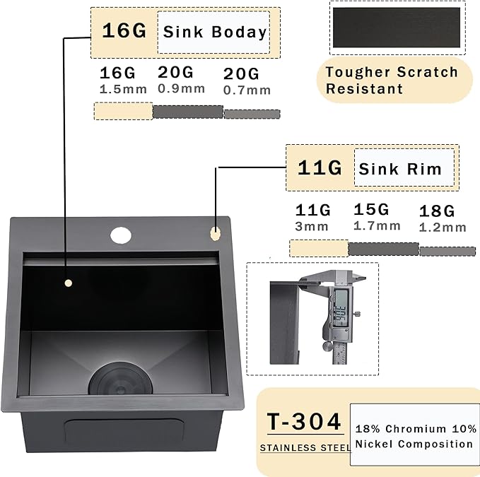 VCCUCINE Gunmetal Black Bar Sink Drop in, 15x15 Inch Topmount RV Small Kitchen Sink, 16 Gauge Stainless Steel Wet Bar Sink, Top Mount Outdoor Single Bowl Prep Sink with Cutting Board & Strainer