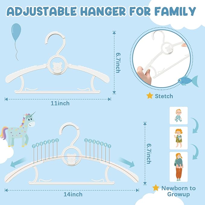 30 Pack Kids Hangers for Nursery Closet, Adjustable Non-Slip Toddler Baby Hangers with Windproof Buckle, 11-14" Infant Child Plastic Clothes Pant Hanger for Boys Girls Newborn Adult, White