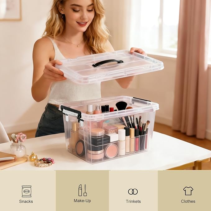 60 QTClear Storage Bins with Lids, 6 Pack 10 QT-Stackable Plastic Organizer for Home, Office, Garage, BPA-Free, Heavy-Duty, See-Through Containers with Secure Latches & Handles