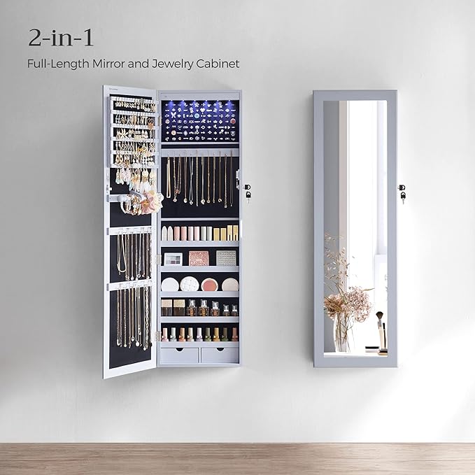 SONGMICS 6 LEDs Mirror Jewelry Cabinet, 47.2-Inch Tall Lockable Wall or Door Mounted Jewelry Armoire Organizer with Mirror, 2 Drawers, 3.9 x 14.6 x 47.2 Inches, Gray UJJC93GY