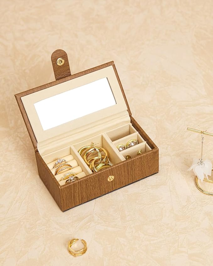 Homde 2 IN 1 Jewelry Box for Women Girls with Small Travel Case Mirror Necklace Ring Earrings Organizer (Brown + Gold)