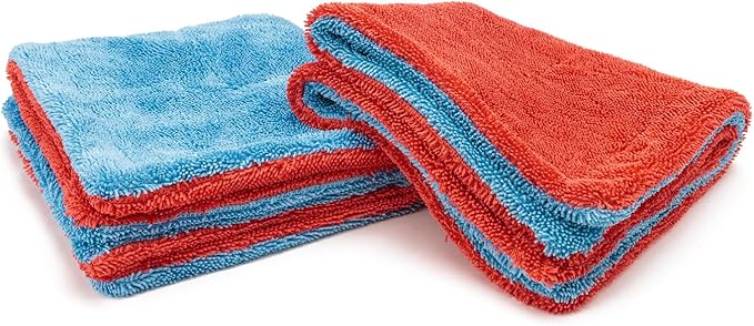 Autofiber Dreadnought Max Triple Layer Microfiber Car Drying Towel, Twist Pile and 1400GSM, Pack of 2 (16 inch x 16 inch) Blue/Red