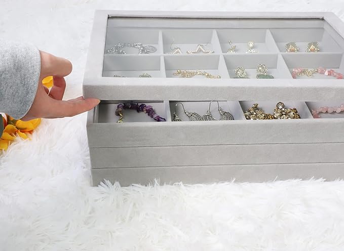 Wudygirl Jewelry Organizer Jewelry Tray with Lid Set of 4 Earring Jewelry Holder Organizer Velvet Ring Necklace Bracelet Box for Women Drawer Inserts Stackable (Gray)