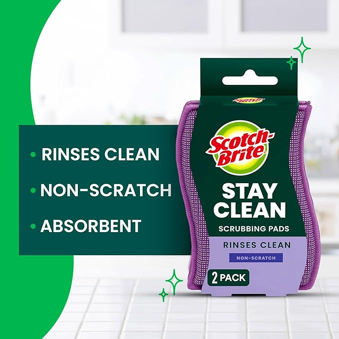 Scotch-Brite Dobie Stay Clean Scrubbers, Non-Scratch Dual-Sided Dish Sponges with Absorbent Cloth Side, Odor Resistant Scrubbing Pads for Dishes and Household Cleaning, 8-Pack