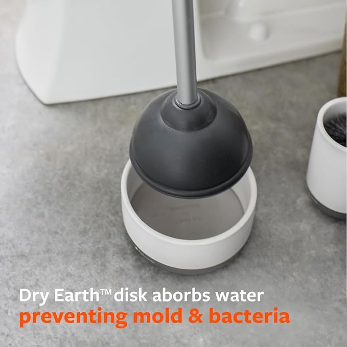 Full Circle Royal Plunge - Bathroom Toilet Plunger with Ceramic Holder and Diatomaceous Earth Disk for Mold & Mildew Prevention, Easy to Clean & More Hygenic, White